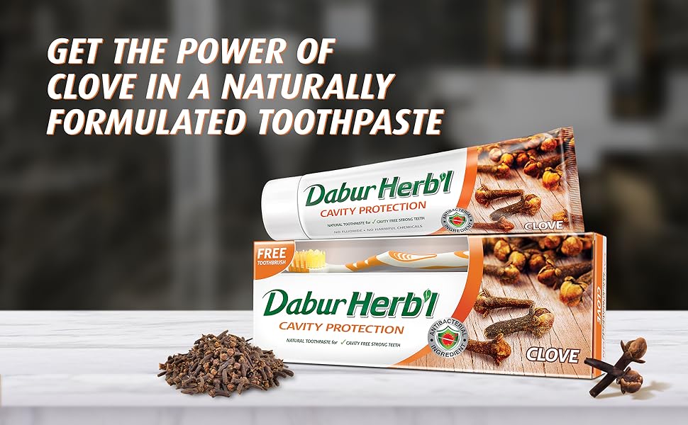 Dabur Herbal Toothpaste 150g with Brush Clove Natural Toothpaste for Cavity Protection‎, No Added Chemicals (Pack of 6)