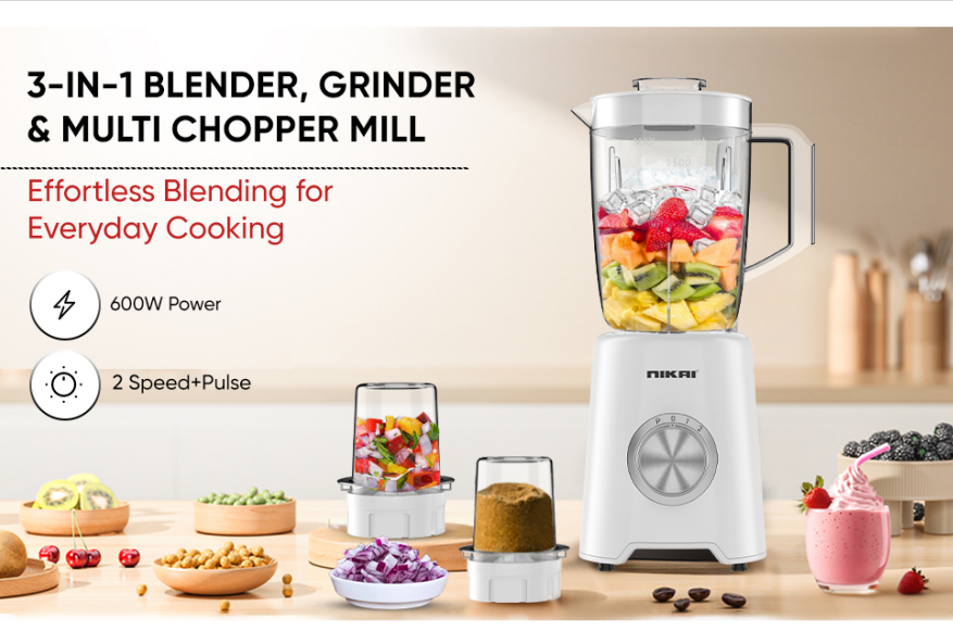 Nikai Blender 1.5L With Dry & Grinder Mill 600W Jar Capacity 2 Speeds, Pulse Function, Unbreakable PC Jar, Stainless Steel Blades, , Mixing & Juicing - NB2900NA1