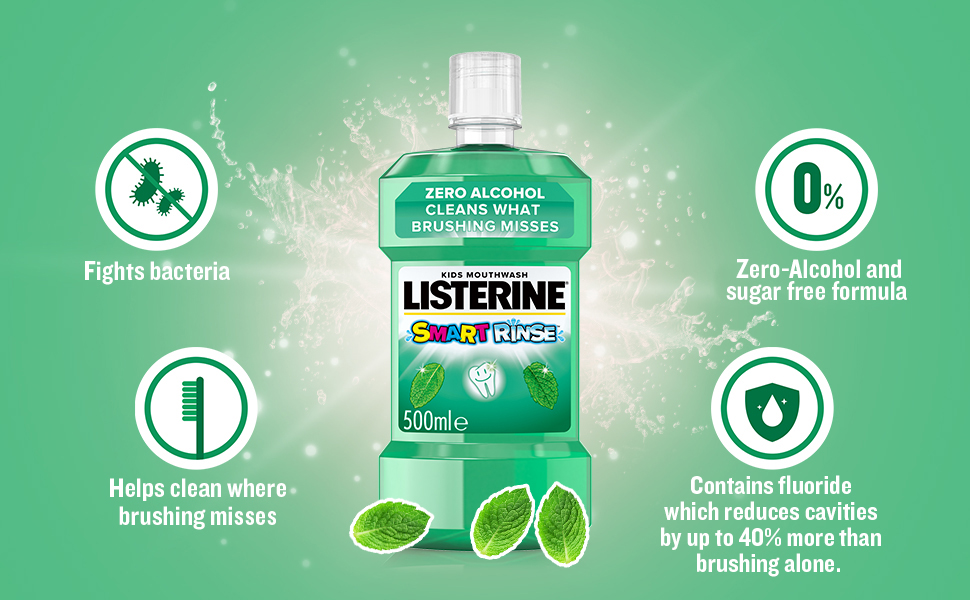 Johnsons Listerine Mouthwash Kids, Alcohol Free, Cavity protection, Smart Rinse, Mild Mint 500ml 24110